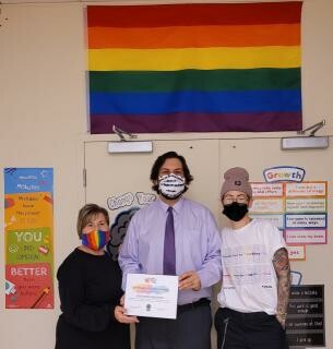 Principal James Hayward (centre) with Pride YMM's Tammy Lockyer (left) and Kelli Stewart