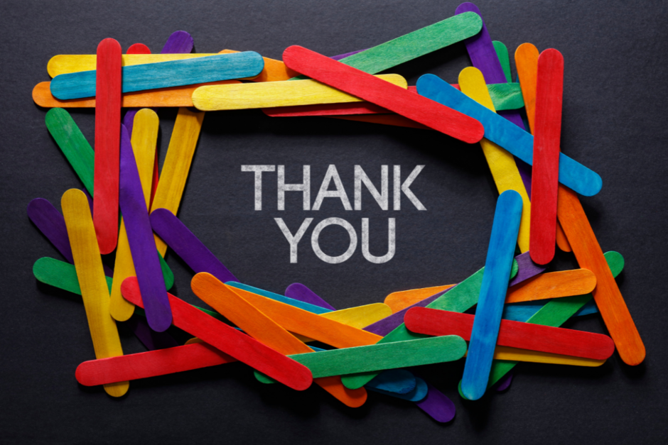 photo that says "thank you" with coloured popsicle sticks around it